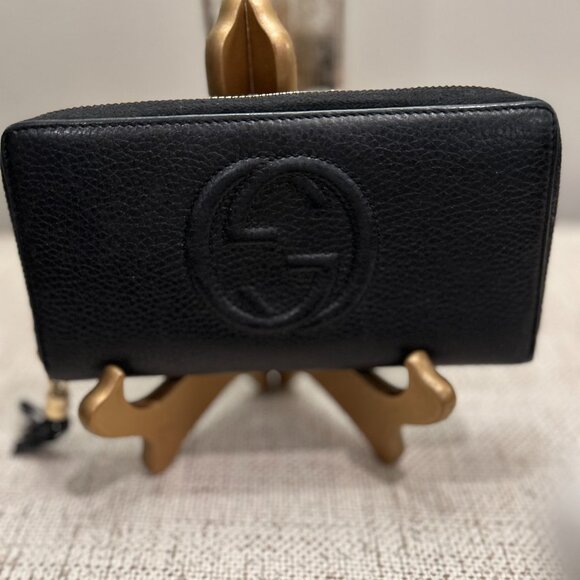 Gucci Black Pebbled Calfskin Fringe Tassel Soho Zip Around Continental Wallet - Picture 2 of 9